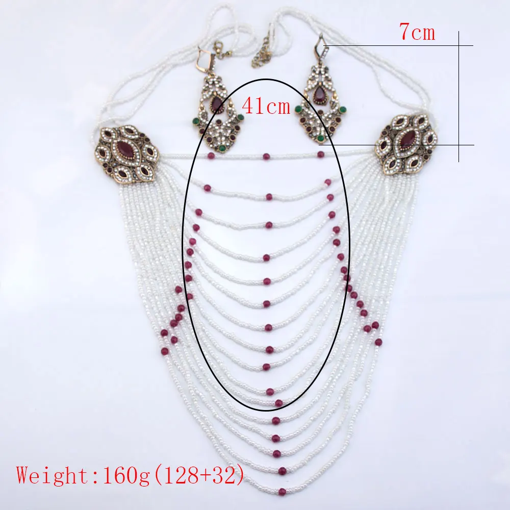 Chic Vintage Turkish Jewelry Women Bead Choker Necklace Multi-strip Chain Crystal Earring Flower Eardrop Bohemia Bridal Bojoux