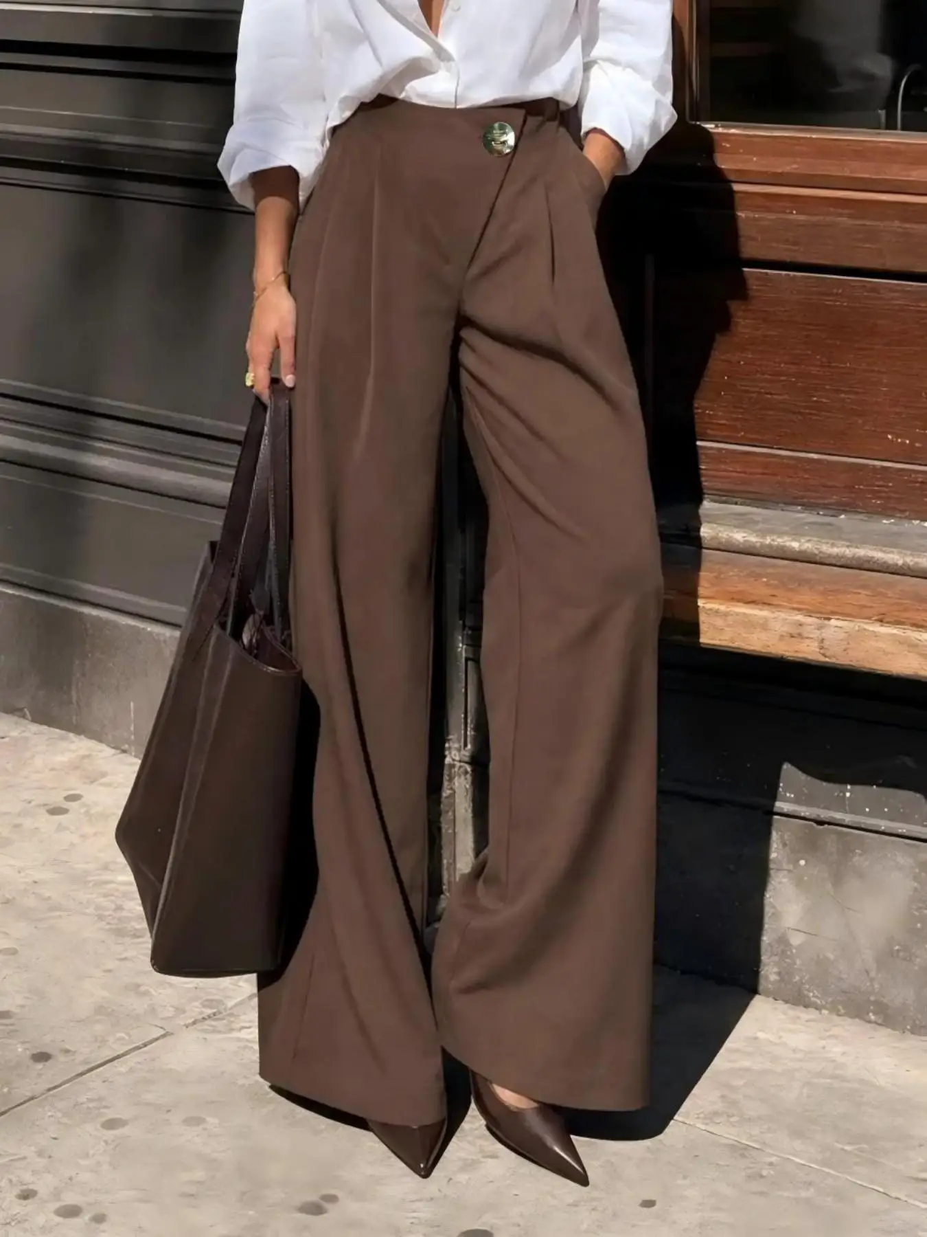 High-Waist Crossed Wrap Wide-Leg Suit Pants for Women Single-Buckle Decorated Pleated Draped Floor-Length Casual Straight Leg Tr
