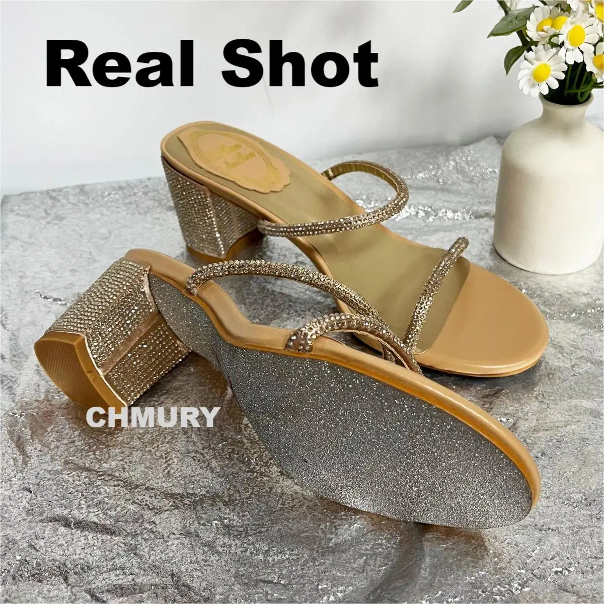 CHMURY Crystal Shoes Woman Heeled Sandals Round Toe Block Heel Luxury Party 2024 Women S Shoes Gold Kitten Mules Slippers