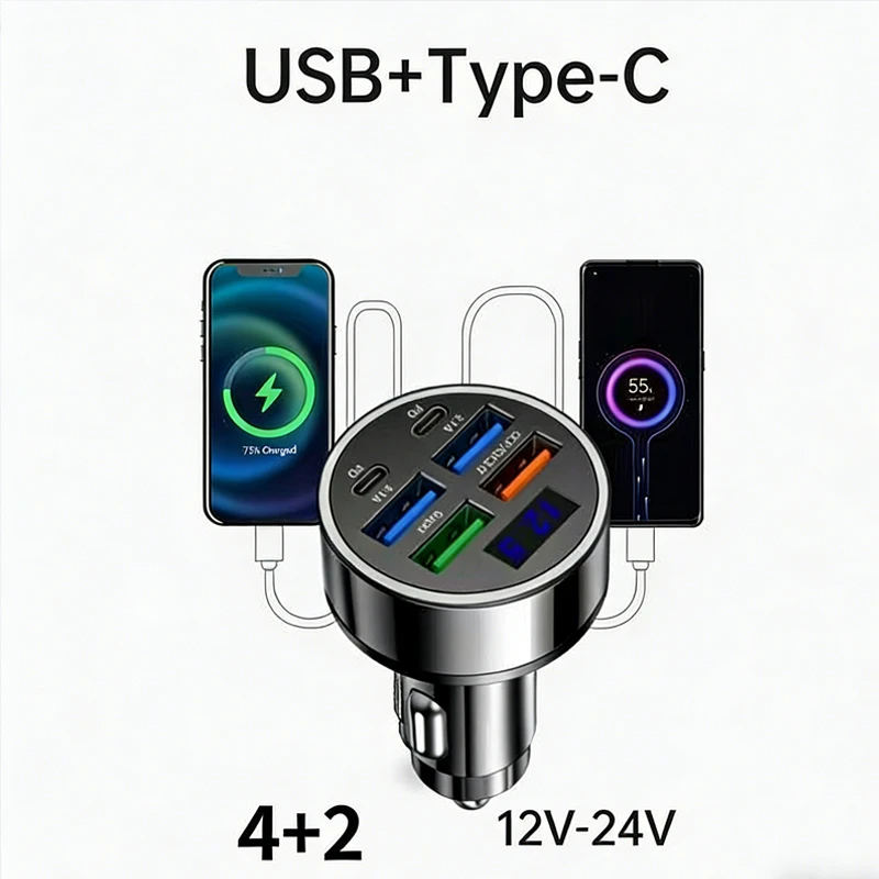 UYUXIO Multi-Port USB-C Autoladegerät mit Spannungsanzeige 6-in-1 Superschnelles Ladeadapter für Huawei iPhone 16 15 Pro Max