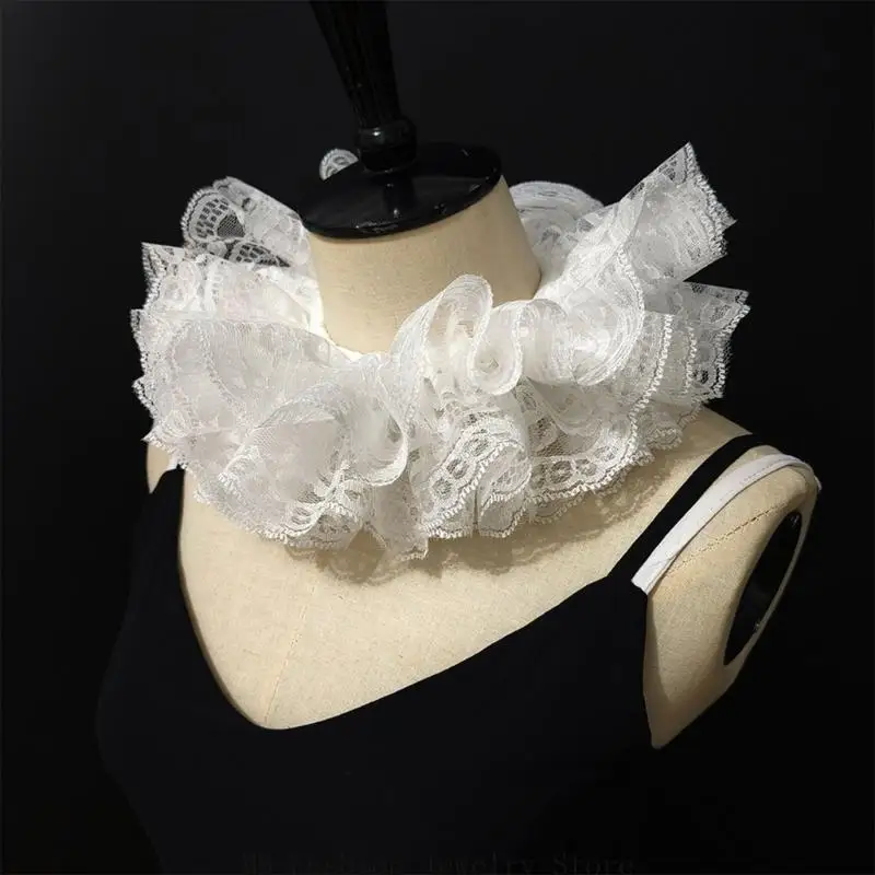 D0UB Collare cosplay Halloween con collo staccabile in pizzo con volant a strati per feste eventi a tema edoardiano