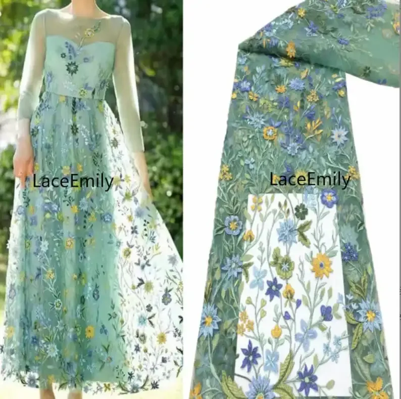 

Colorful flower leaf embroidery Lace Fabric floral Green Tulle For Girl Dress Tutu Dress Wedding Dress Bridal Veil 1 yard