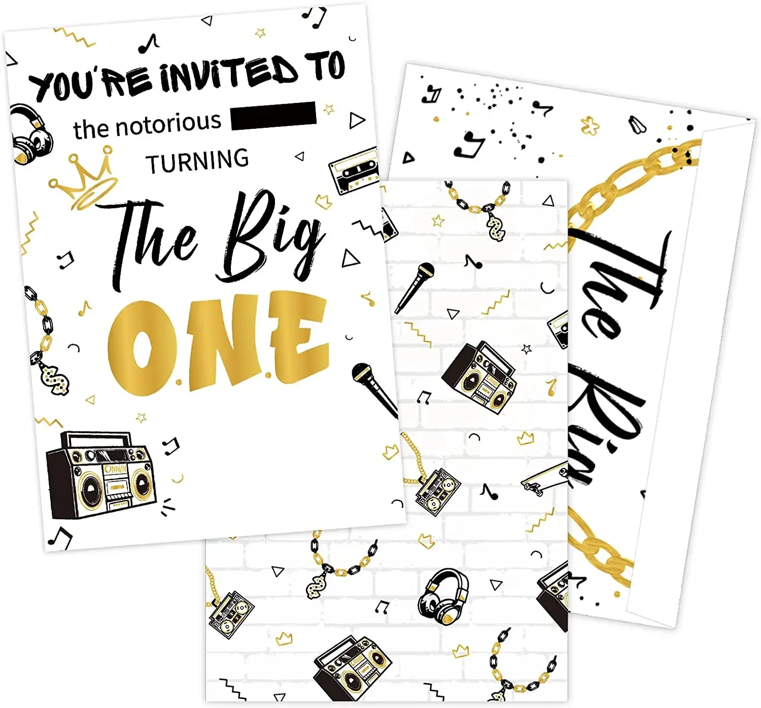 The Notorious One Invitations with Envelopes, Party Decorations, Black and Gold, Hip Hop, 1st Birthday Invite Cards