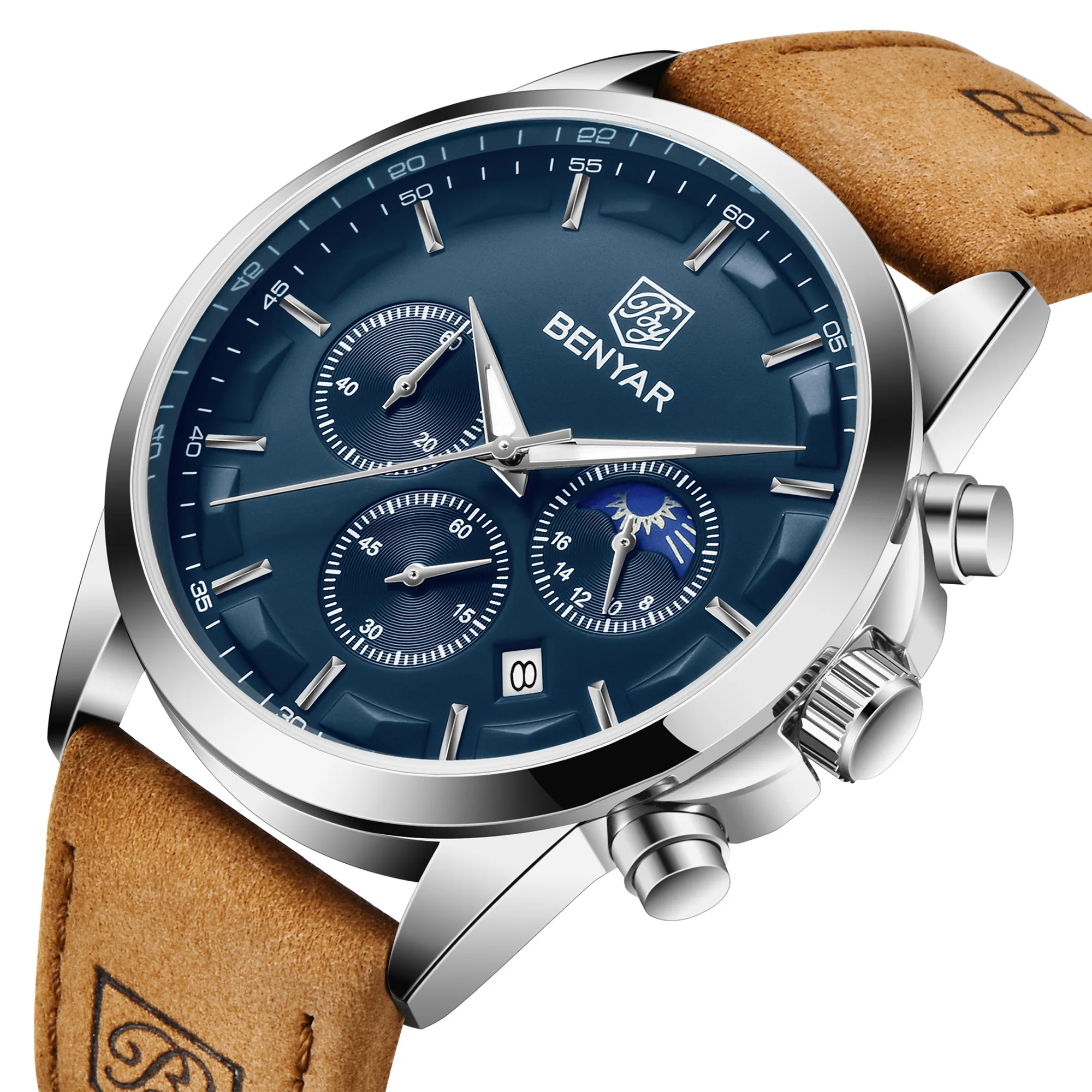 Image of BENYAR Herren Chronograph Uhr mit Lederarmband, Hardlex Glas, wasserdichte Business Casual Armbanduhr, elegante Herrenuhr, ideales Geschenk