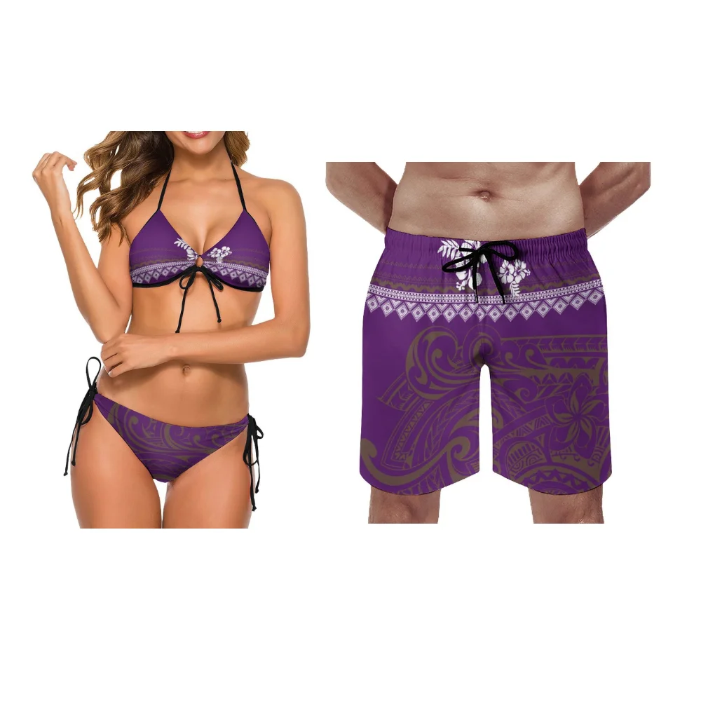 Customized Wholesale Couple'S Swimming Suits Polynesian-Style Women'S Halter-Neck Strap Two-Piece Bikini Men'S Beach Pants