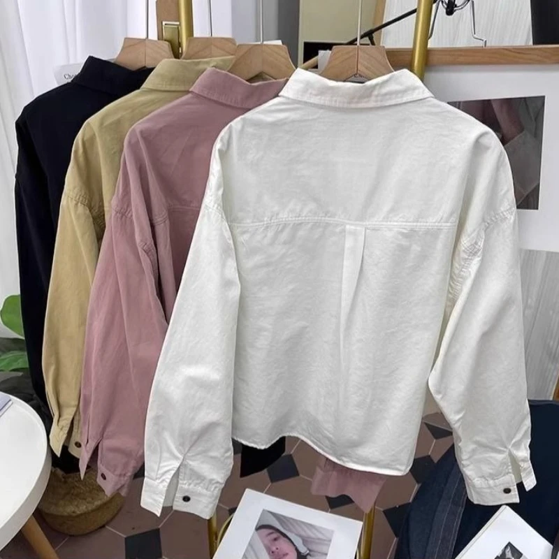 2026 Spring HK Style Short Cotton Polo Shirt Women Loose Long Sleeve Youthful Inner Wear Blouse New Top