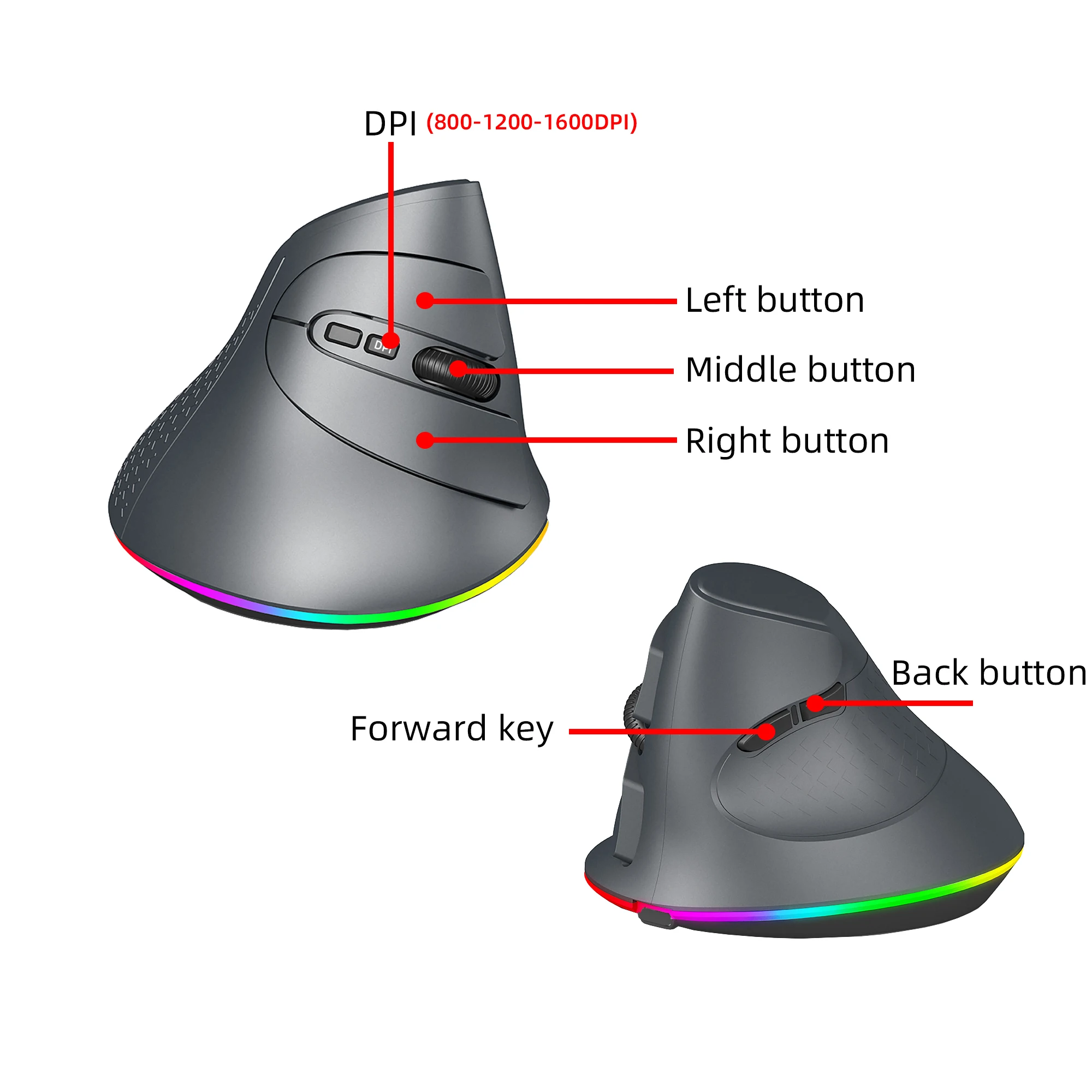 Ratón inalámbrico de Doble Modo, dispositivo Vertical ergonómico con retroiluminación para tableta, PC y portátil, 2,4G, USB, Bluetooth 5,1, LED, batería