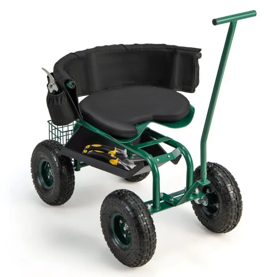 

Rolling Garden Cart with Height Adjustable Swivel Seat and Storage Basket