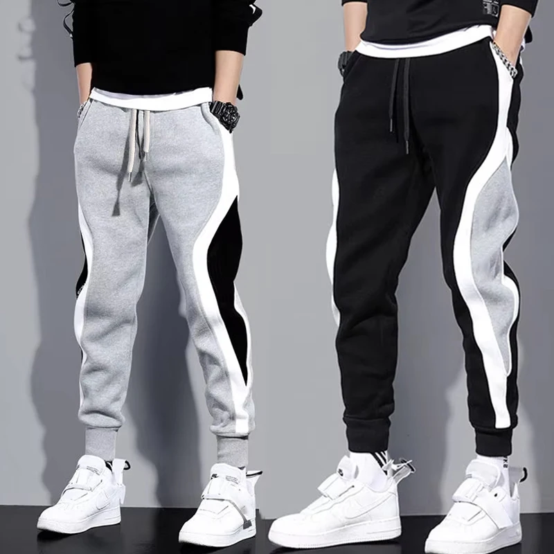 Autumn Men's Wide Loose Casual Pants Mens Patchwork Nine-point Sports  Elastic Rope Breathable Tie-foot Trousers, image 4
