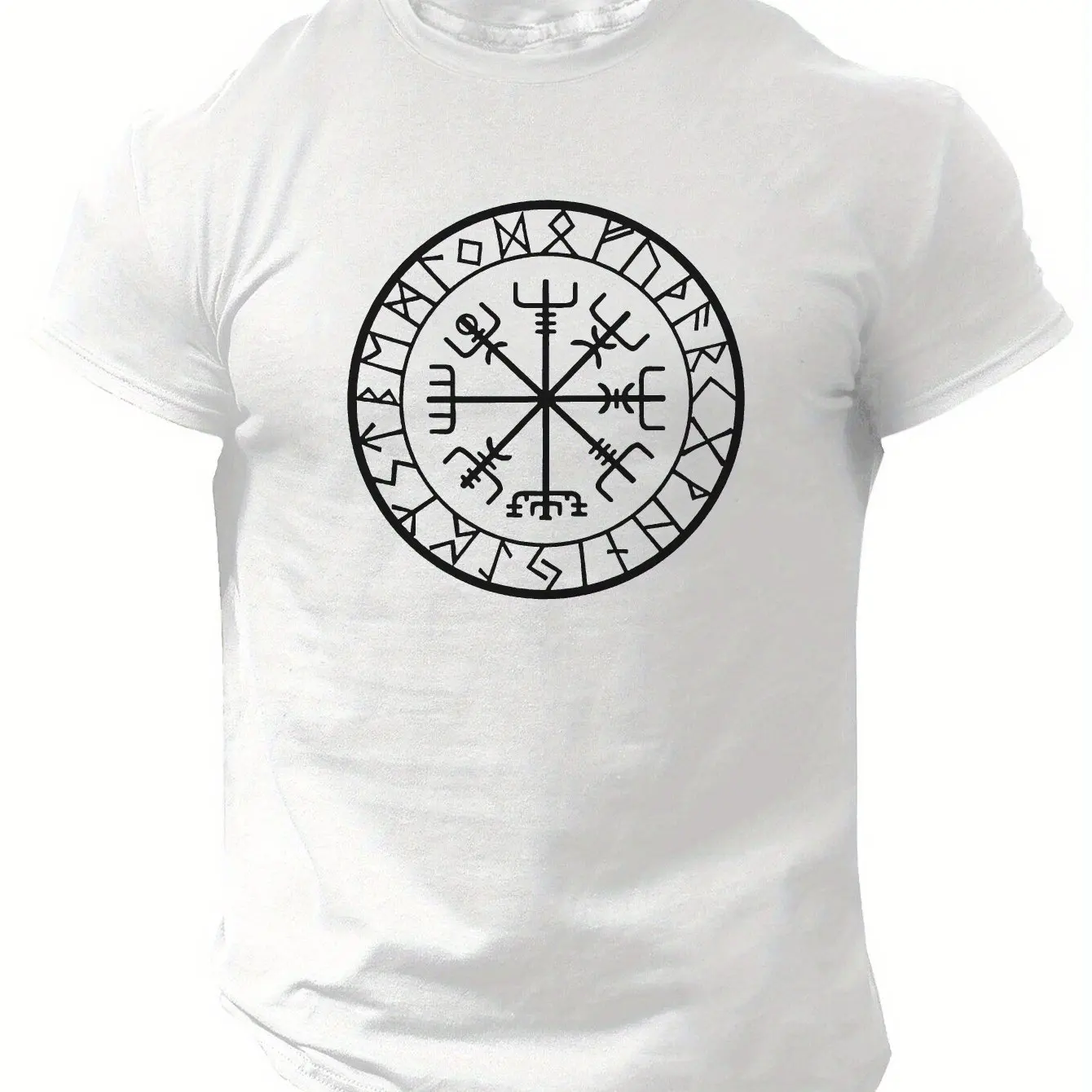 Men Casual Compass Rune Graphic Tee - Black Polyester Short-Sleeve T-Shirt with Norse Symbol Print Ideal for Summer Outings