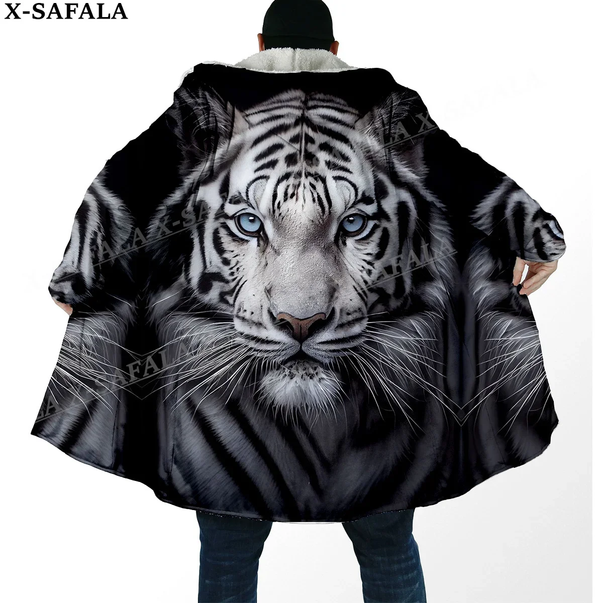 The King White Tiger Skin Myth 3D Print Thick Warm Hooded Cloak Men Overcoat Coat Windproof Fleece Cape Robe Hooded Blanket-1