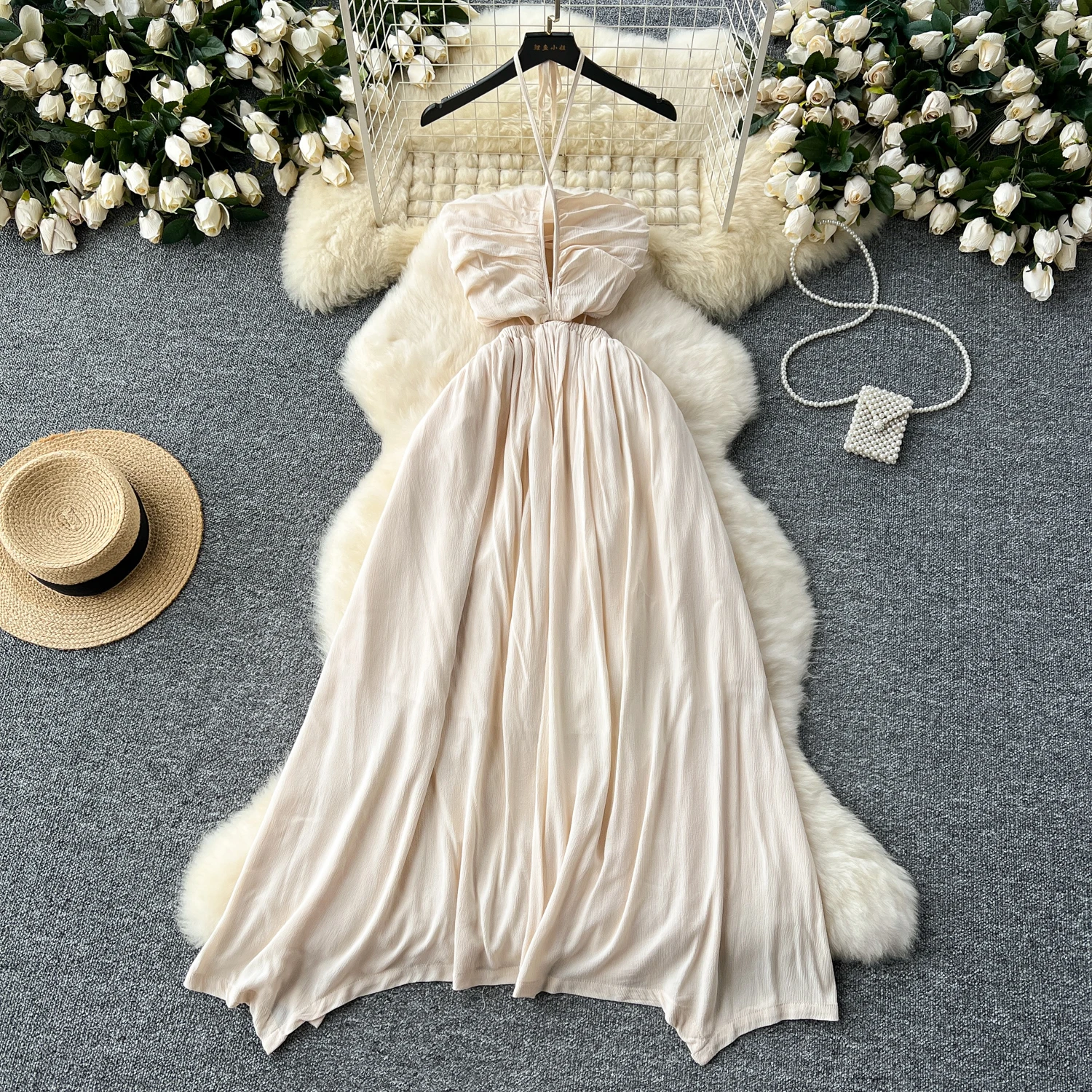 French Vintage pleated cut out off shoulder sweet slip Dress A-line Chic Casual Beach Vacation Women Summer dresses