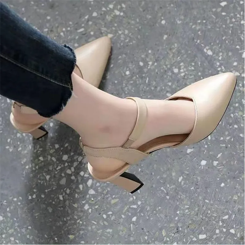 Women Fashion Spring & Summer Hollow Out Pointed Toe Office Beige High Heel Shoes Lady Casual Hotel Work Buckle Strap Pumps