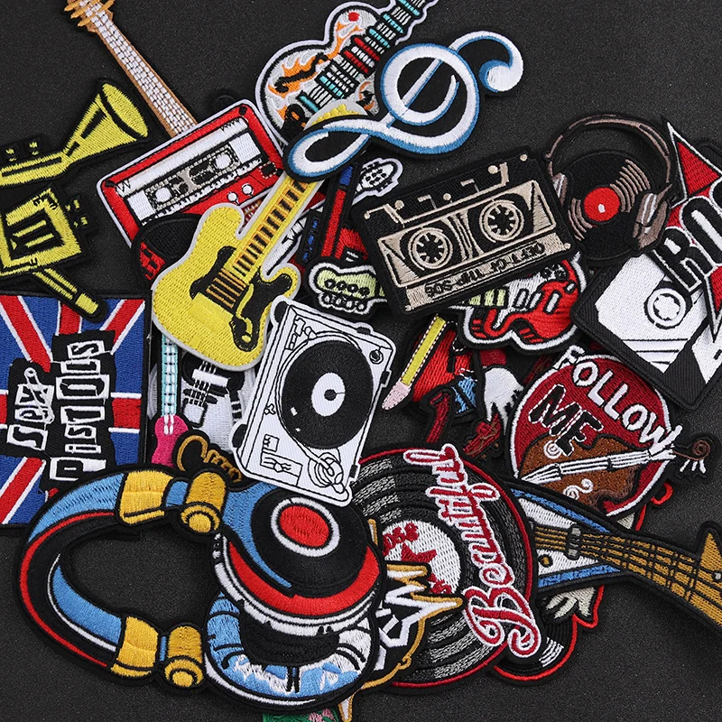 PUNK ROCK musical instrument Iron-On Patches Clothe Embroidery Applique Sewing Supplies Decorative Badges Nostalgia MUSIC