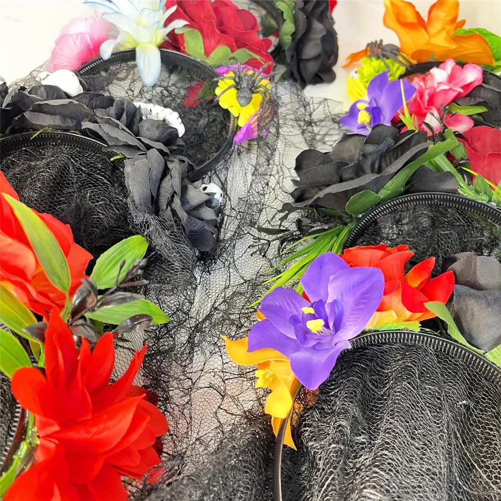 

Повязка на голову с цветочной короной в виде Дня мертвых и черной вуалью, преувеличенный головной убор с розой на Хэллоуин, повязка для волос с черепом и призраком для косплея