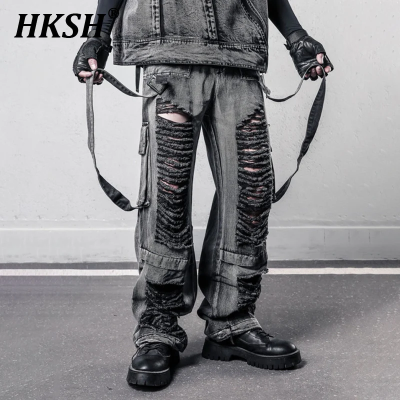 

HKSH Spring Summer New Men Tide Punk Niche Waste Land Ribbon Safari Style Jeans Chic Worn Cut Ripped Handsome Denim Pants HK4378