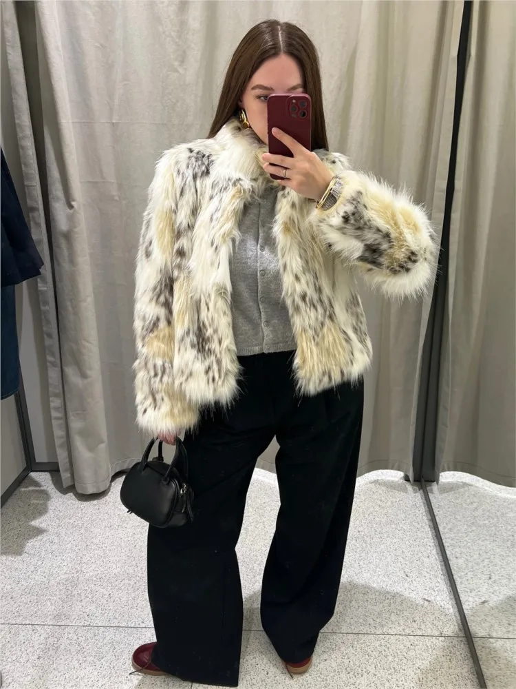 Animal Print Fluffy Faux Fur Coats For Women Chic Thick Warmth Stand Collar Jacket 2025 New Winter Street Long Sleeve Outerwear