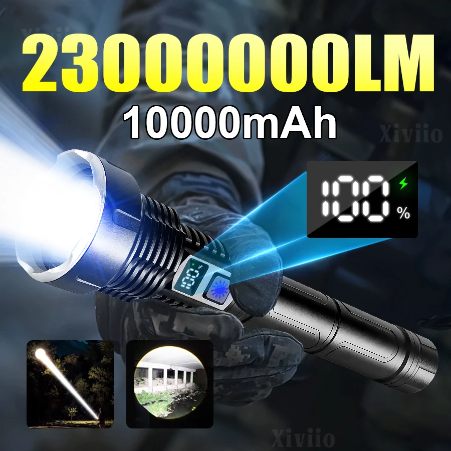 Super High Power LED Flashlight 10000mAh Rechargeable Light Zoomable Lantern Power Display Powerful Torch Hunting Spotlights