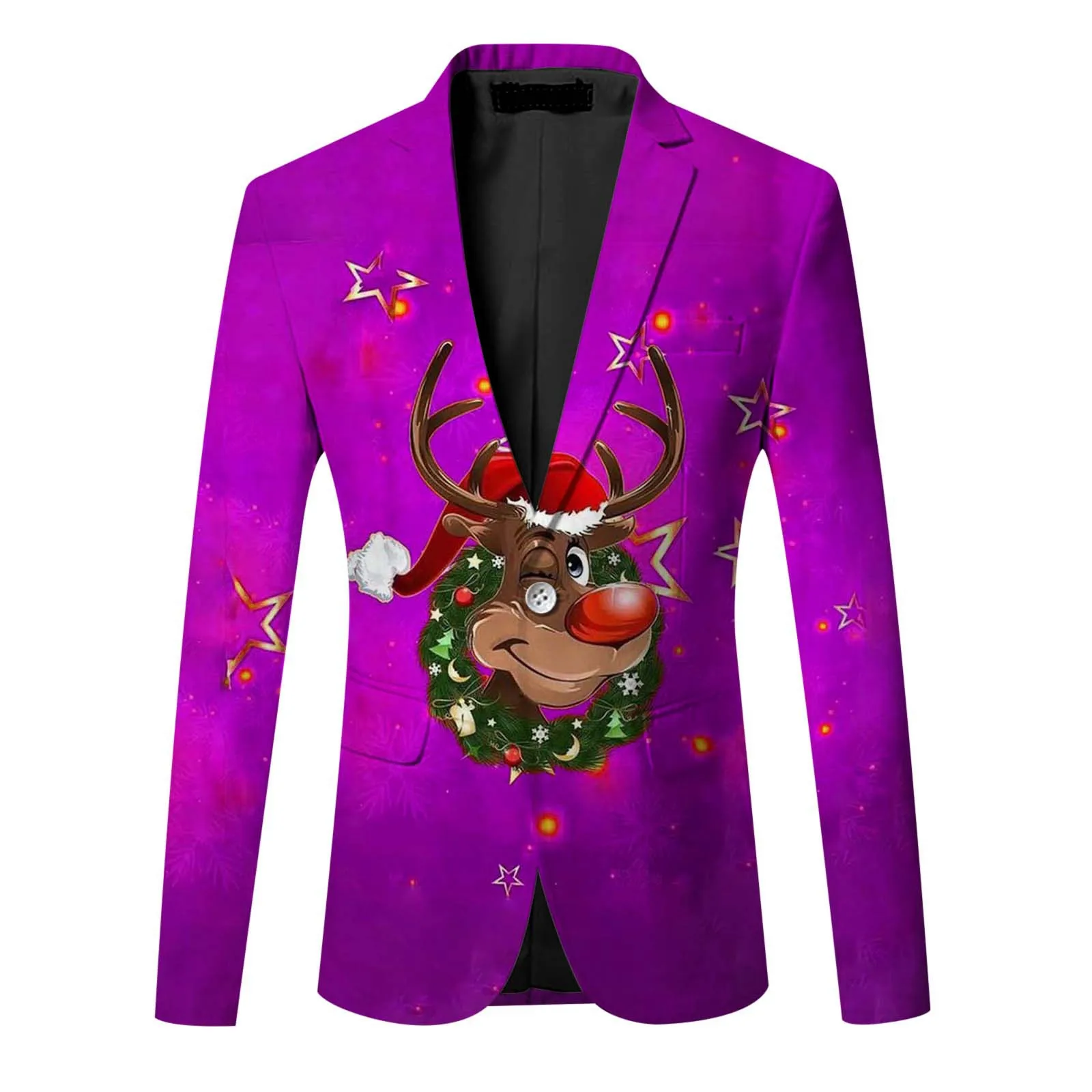 Men\'s Christmas deer print Fashion Casual Button pocket Breasted print Fashion Suit Top Jacket Men party Costume deep V jackets