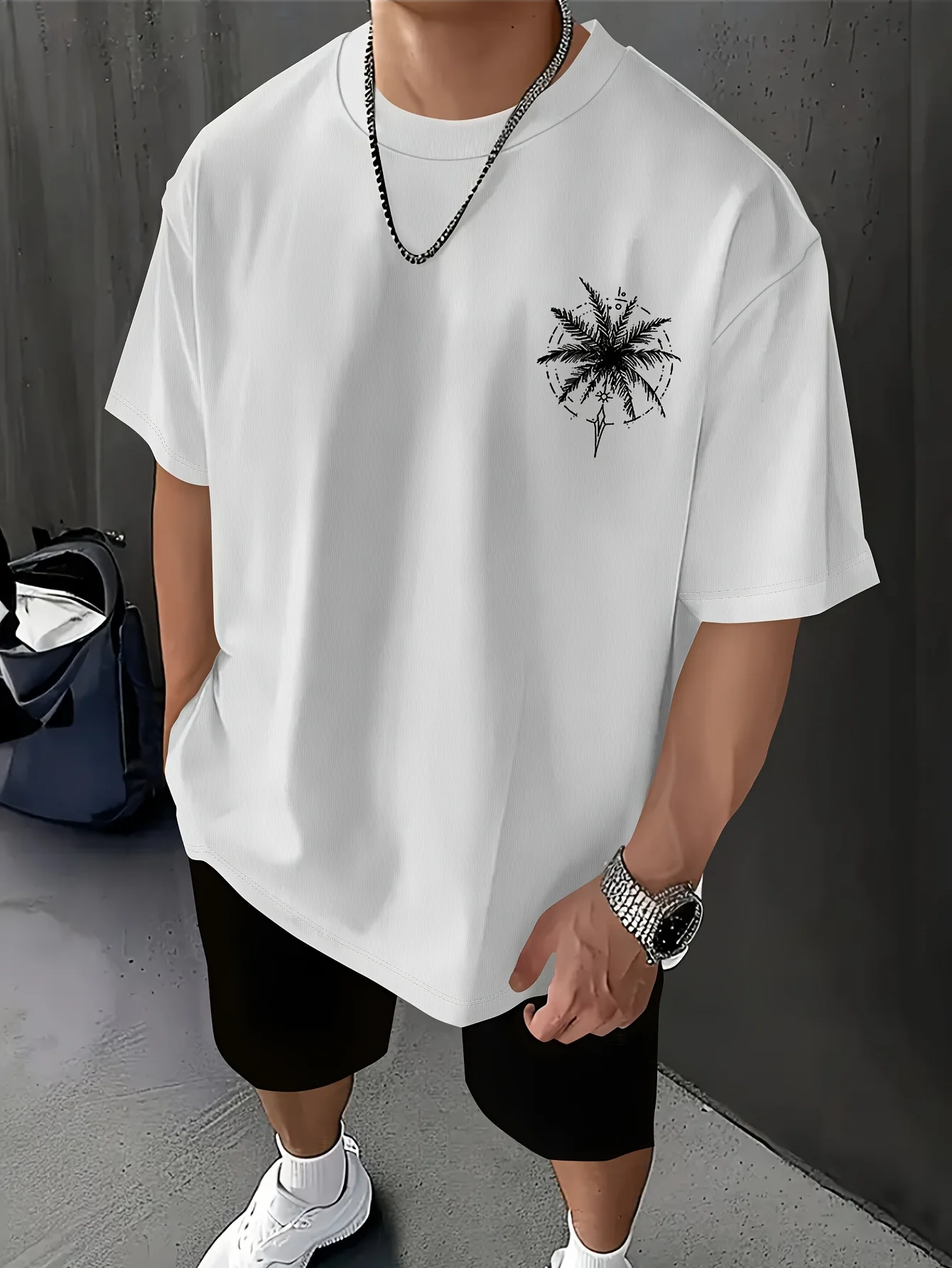 Böhmisches Tribal-T-Shirt mit Palmen-Grafik und vertikalen Linienkunst-Symbolen, 100% Baumwolle, Herren-T-Shirt, Sommer-Freizeitkleidung für den Strand – Detail 5