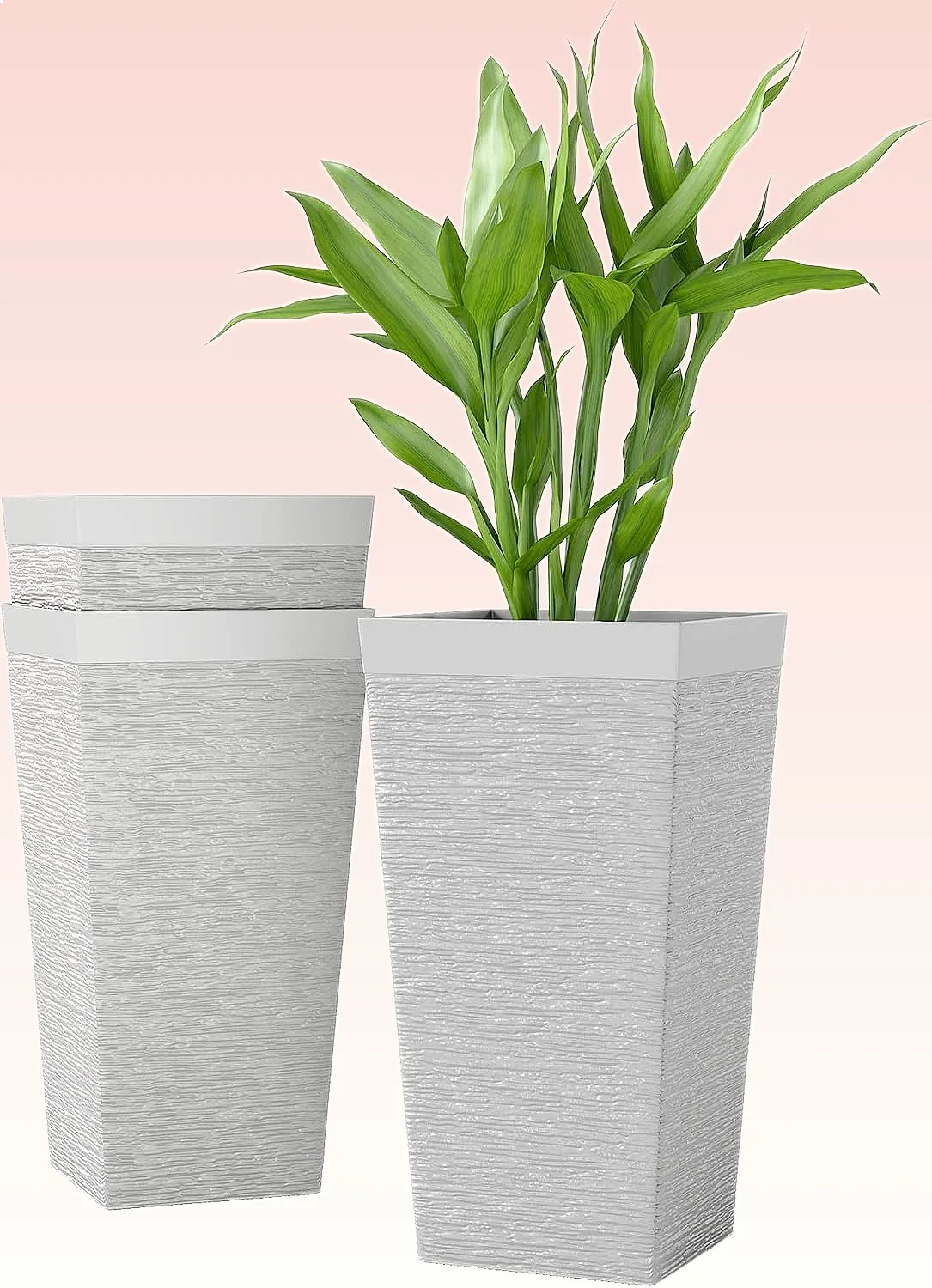 22.8" Tall Planters Set of 3 Plastic Stone Finish with Wheels Stackable Drainage Hole for Outdoor Indoor Plants White