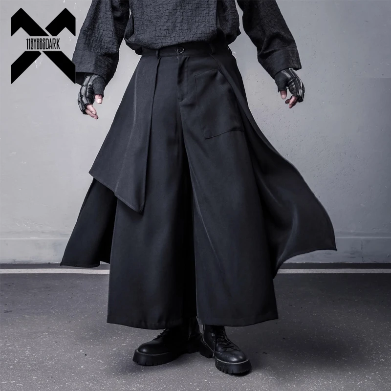 

Men's Loose Wide Leg Pant Tactical Elastic Waist Streetwear Skirts Pants Y2K Fake two Pieces Punk Japanese Dark Fighter Trousers