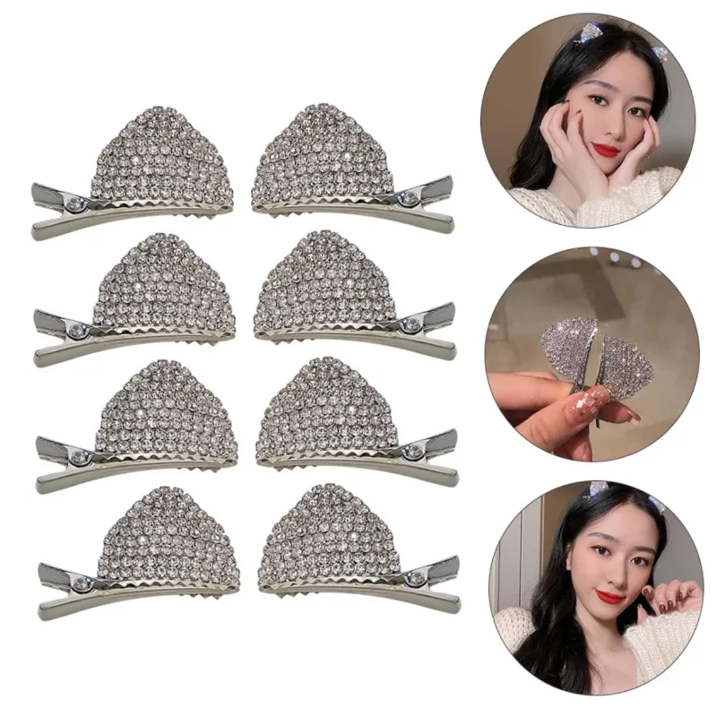 

1pair/ Glitter Rhinestone Cat Ear Hair Clips Crystal Design Cute Style Barrettes for Women Girls Daily School Hair Accessories