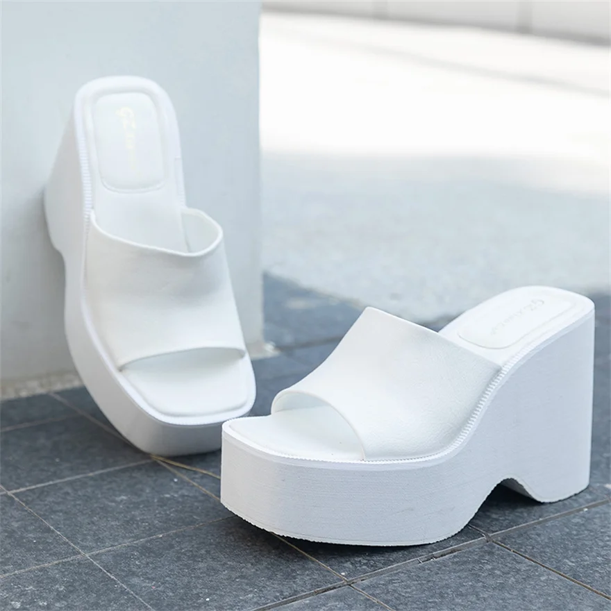 White Concise Soft Leather Square Toe Sandals Summer Platform Thick Heel Women\'s Wedges Beach Slippers Ladies Shoes Slides Mujer