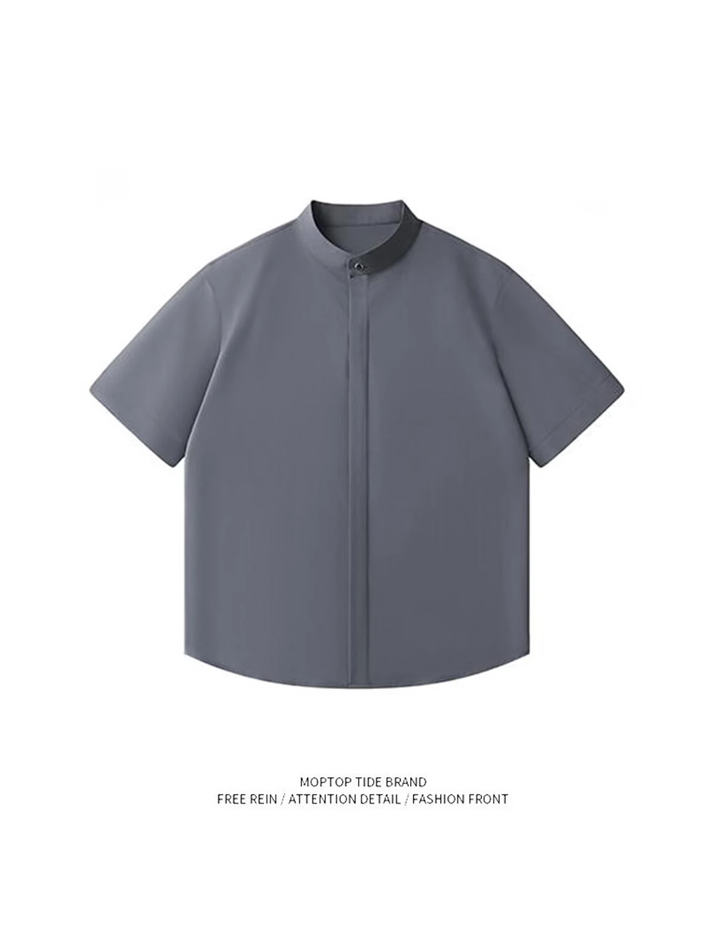 

New Chinese Sle Men's irt ort Sve Stand Collar Oversize Drape Pure Color Five Sve New Model Youth Faion Polyest...