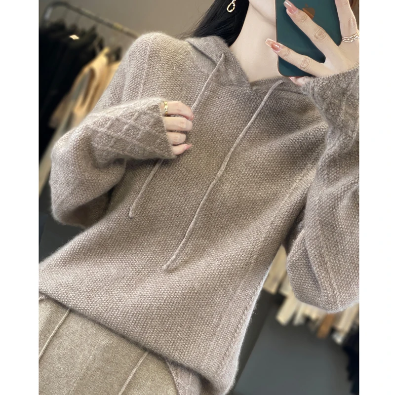 2024 Autumn Winter New 100% Merino Wool Sweater Women's Hooded Collar Pullover Casual Loose Knitted Bottom Fashion Korean Tops