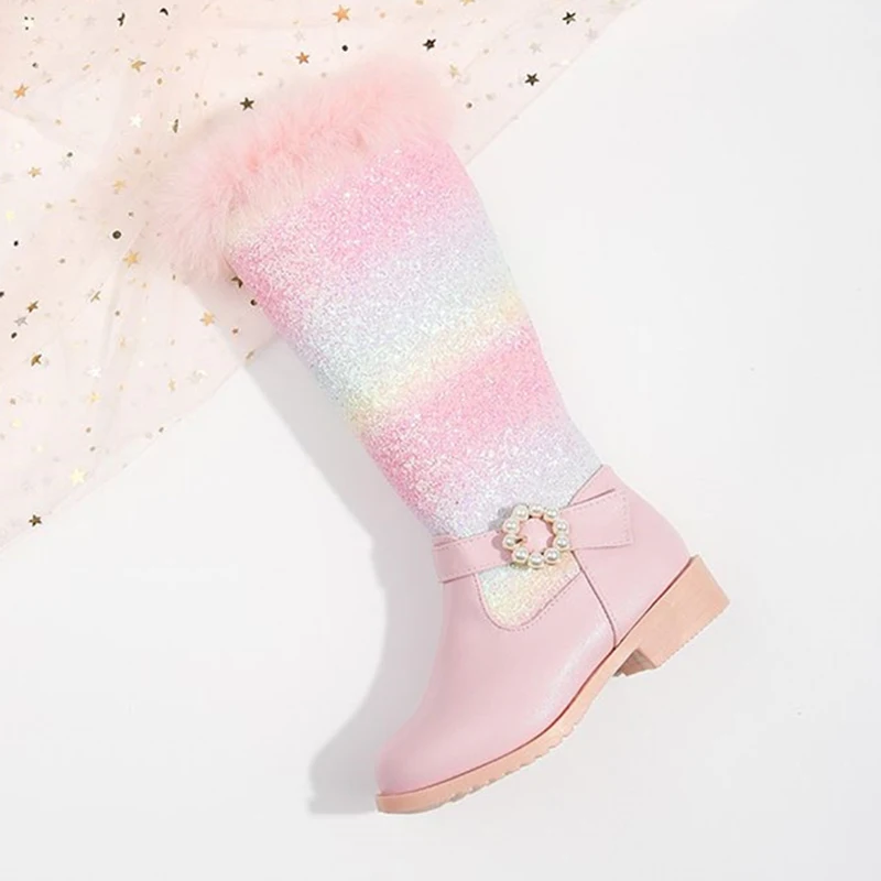 2023 New Autumn Winter Girls Rainbow Princess Fashion Children Pink Boots Knee Length Boots Plush Fur Girls Shoes