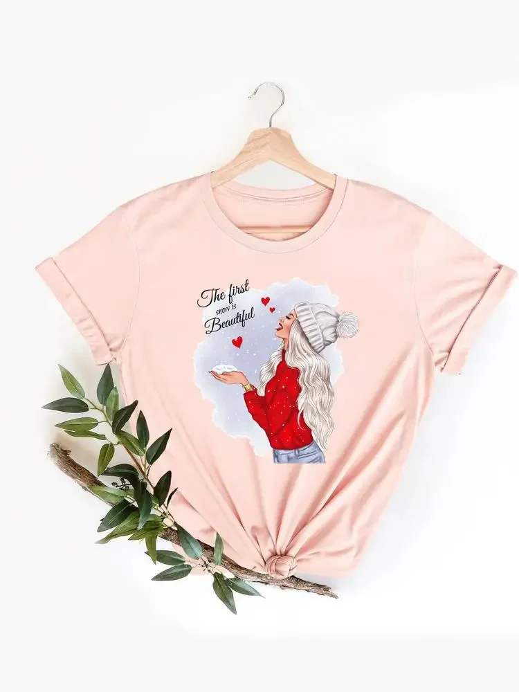 Lovely Watercolor Trend Cute Print T Shirt Christmas Women New Year Short Sleeve Tee Clothes Top Fashion Basic Graphic T-shirts