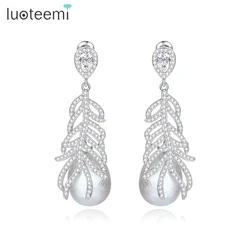 LUOTEEMI Leaf Shape CZ Pierced Earrings White Freshwater Pearls Brilliant Dangle Jewelry for Women Bridal Zircon Accessories