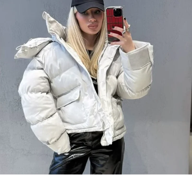 Grey Oversized Hooded Puffer Jacket Zip Up Quilted Winter Coat With Pocket Windproof Women Warm Outerwear Chic Street Overcoat