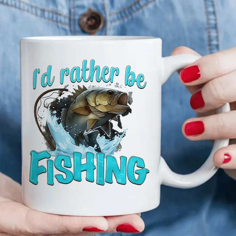 11oz I'd Rather Be Fishing Ceramic Coffee Mug with Bass Fish Print Summer Outdoor Activities Camping Home Use Holiday Present Bi