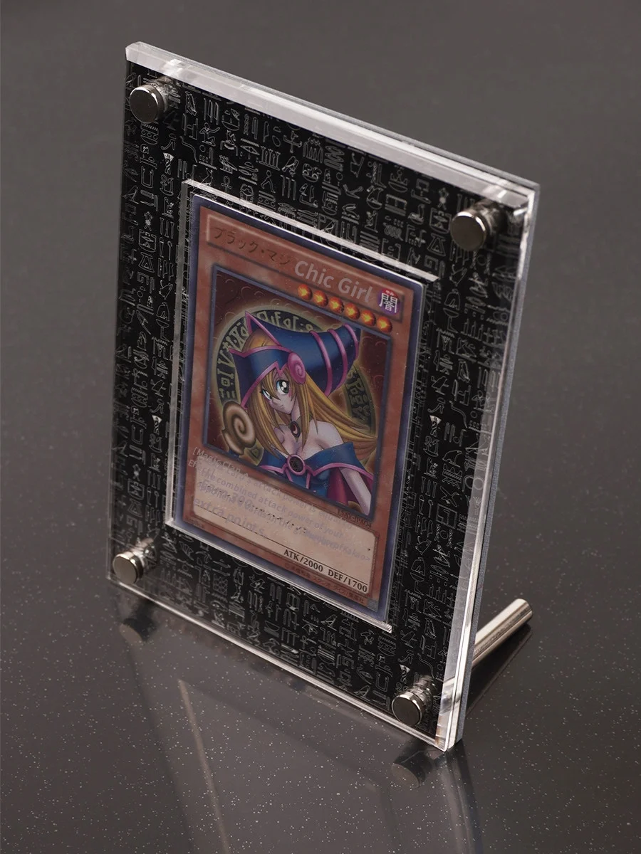 Yu-Gi-Oh themed acrylic display box with laser engraving design options, including tech gray, black, transparent, without cards