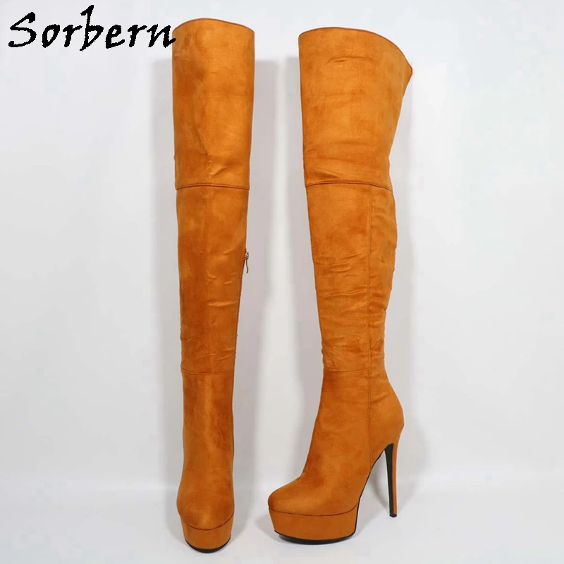 Sorbern Orange Suede Mid Thigh High Women Boots Half Zipper Platform Long Female Boot Over The Knee Custom Wide Or Slim Fit Leg