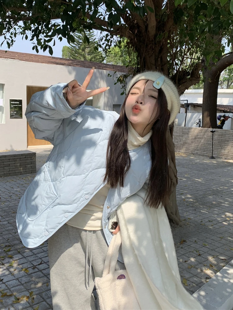 

Warm Blue Cotton Jaet Women's Coat 2026 Spring New Sle Small Size Sweet Sle Long Sve Diamond Patterned Cotton Top