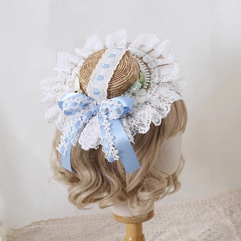 Original Handmade Classic Elegant Small Hat Lolita Lace Straw Hat Women Flat Hat Forest Sweet Floral Headpiece