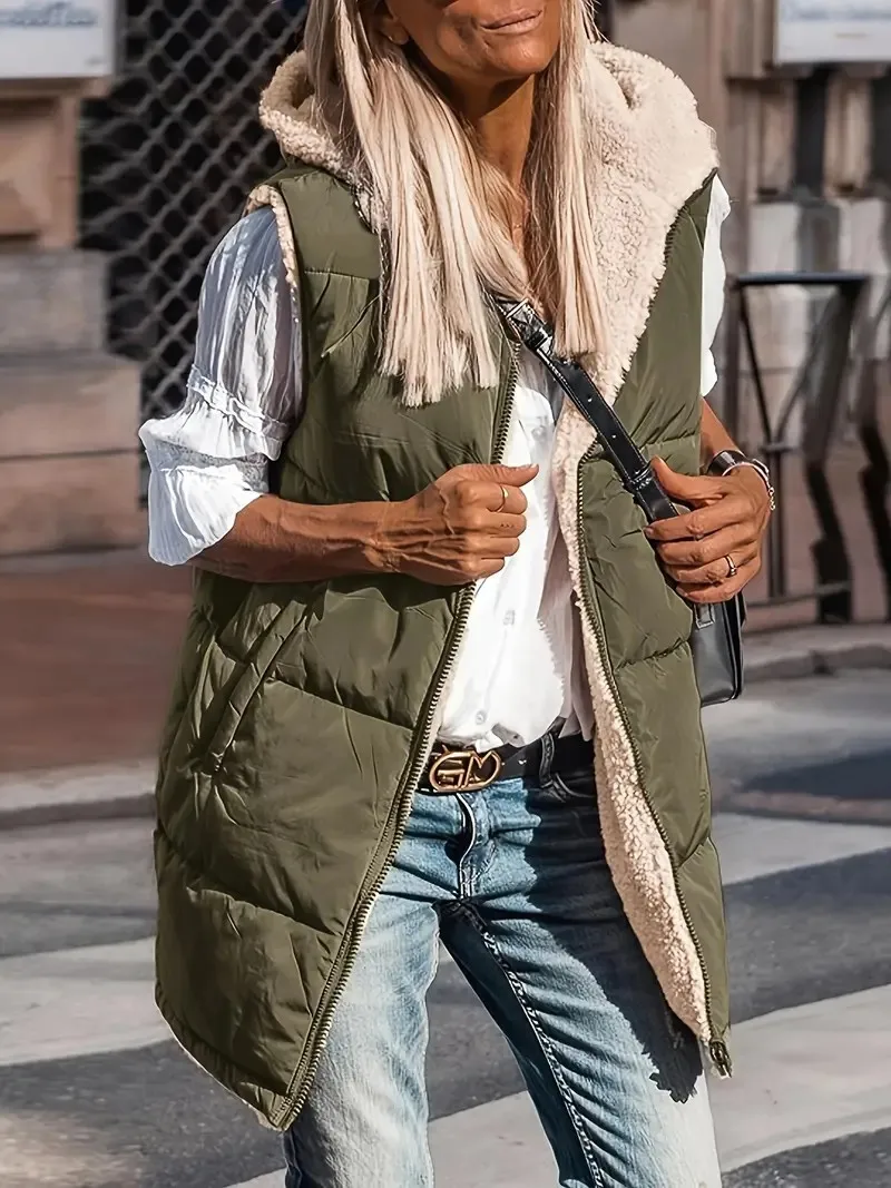 Hooded Solid Women Parka Cardigan Parkas Zipper Spliced Jackets Outerwear Sleeveless Coats Casual Loose Pockets High Street