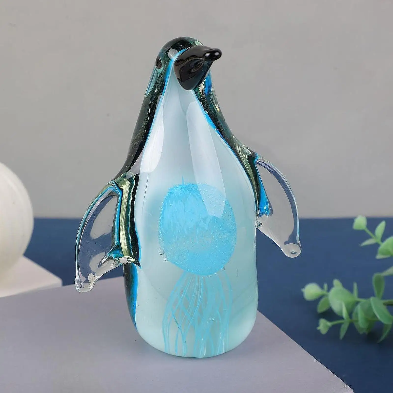 Art Glass Penguin with Jellyfish Figurine Penguin Sculpture Nordic Handmade Blown Collectible for TV Stand Living Room Home