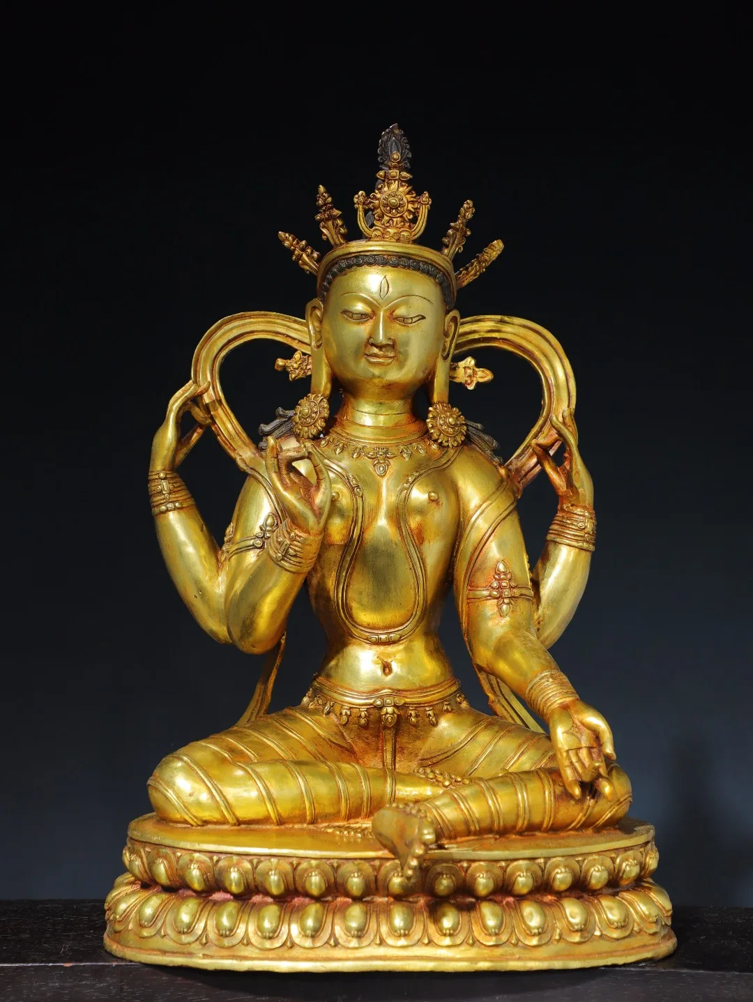 

20"Tibetan Temple Collection Old Bronze Cinnabar Gilded Four arm White Tara sitting Buddha Double Lotus Terrace Worship Hall