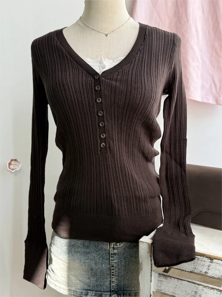 

Knitted V-neck T-shirts Women Autumn Buttons Slim