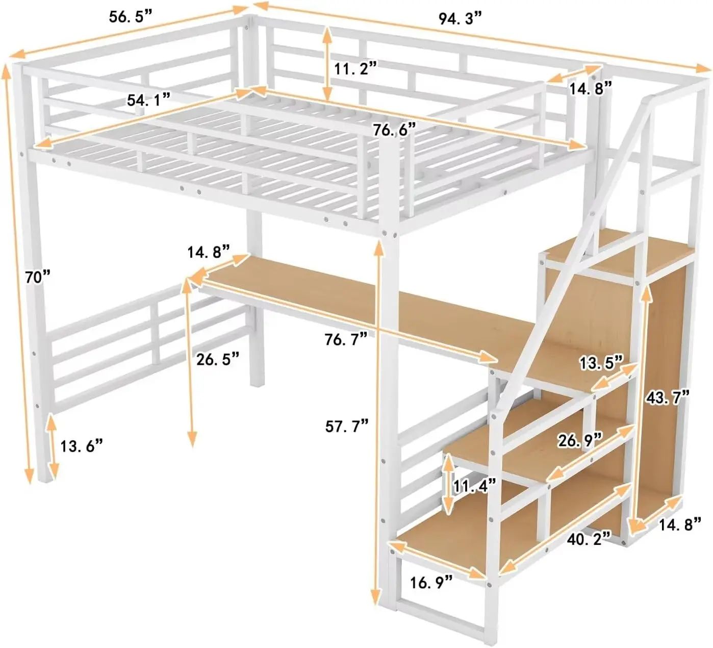 Size Loft Bed with Desk & Storage Stairs, Metal Loft Bed Frame with Wardrobe, Versatile High Loft Bed for Kids Teens Adults,