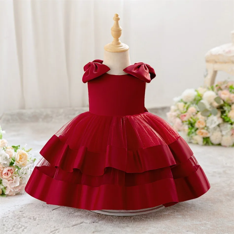 New Infant Dress Princess Dress Baby Girls Red Baptism Costume 1st Baby Bow Beaded Fluffy Dress Childrens Shower Dress ASQ03