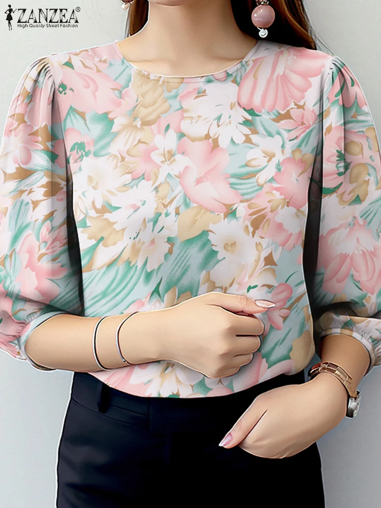 ZANZEA Autumn 2024 Daily Blouses Classy Women Floral Printed O Neck Tops Leisure 3/4 Puff Sleeve Elegant Casual Blusas Mujer