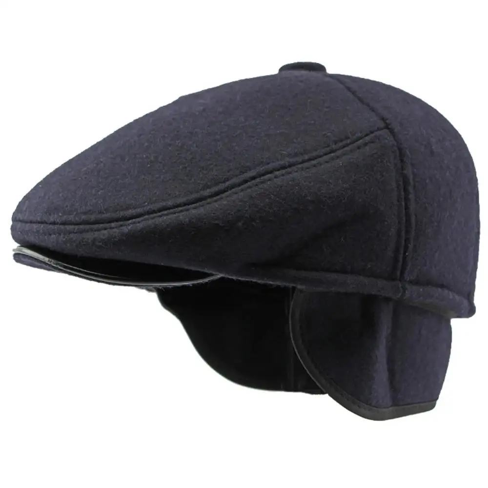 HT4287 Thick Warm Winter Caps for Men Solid Black Grey   Flat Cap Male 5 Panels Beret Hat with Ear Flaps Beret Caps