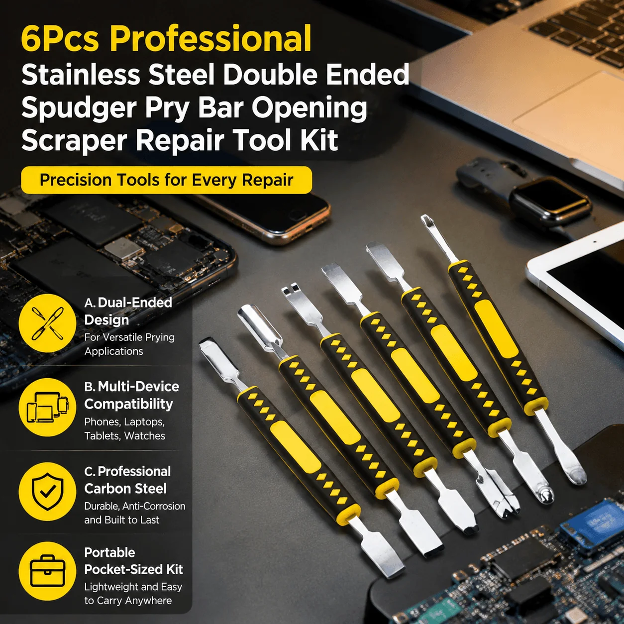 6Pcs Professional Stainless Steel Double Ended Spudger Pry Bar Opening Scraper Repair Tool Kit for Mobile Phone iPad Tablet PC Laptop MacBook Smart Watch Electronic Device Disassembly Hand Tools Durable