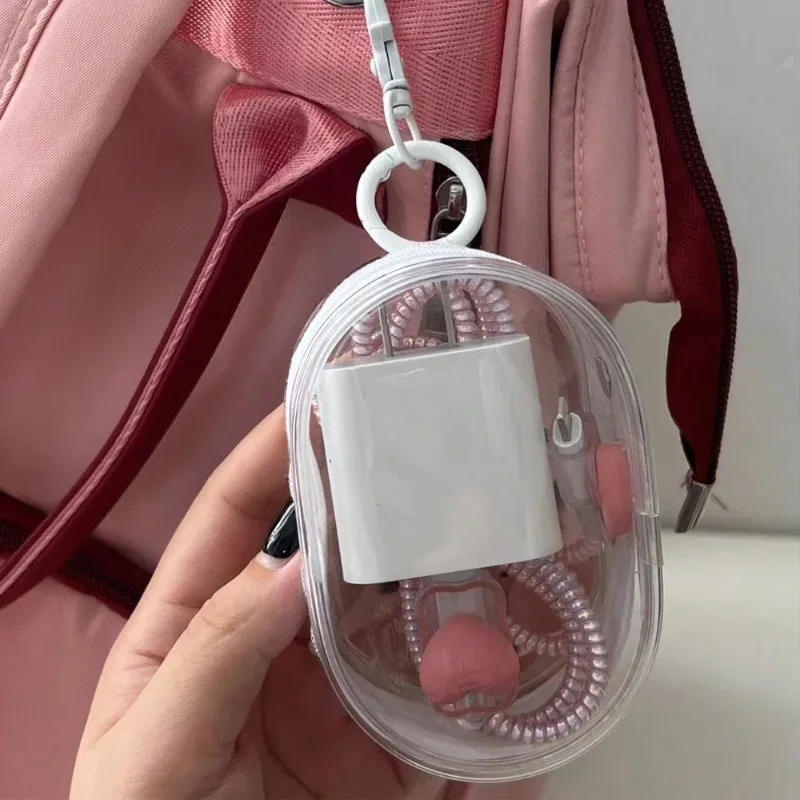 Portable Mini Transparent Storage Bag with Zipper, Multifunctional Headphone and Charger Case, Travel Accessories with Keychain