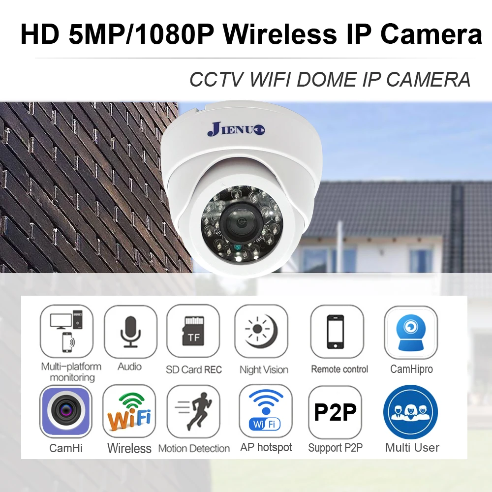 JIENUO Dome Wifi Camera IP 5MP Cctv Surveillance Video Security Wireless Audio IPCam Indoor Infrared Onvif 2MP HD Home Cam CamHi